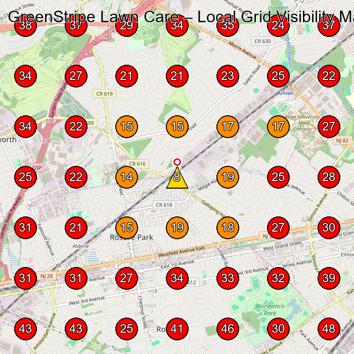GreenStripe Lawn Care GeoGrid visibility map for Lawn Care Service in Linden